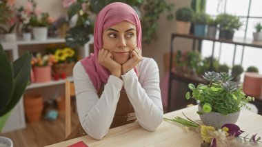 Başörtüsü takan düşünceli genç bir kadın, rahat bir odada oturur. Etrafı yemyeşil bitkilerle çevrilidir. Huzur ve memnuniyeti somutlaştırır..