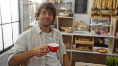 Genç adam arka planda çeşitli hamur işleri olan bir fırında kahveden hoşlanıyor.