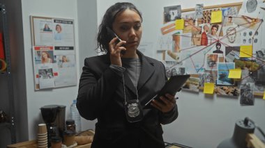 Hispanic woman detective talking on phone in a cluttered police department office, surrounded by investigation evidence. clipart