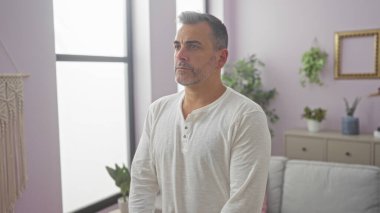 Beyaz gömlekli, orta yaşlı, gri saçlı bir adam kapalı bir salonda dikiliyor, düşünceli görünüyor, iyi dekore edilmiş bir oturma odasında bitkiler ve dekorla..