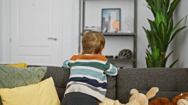 Çizgili tişörtlü beyaz bir çocuk renkli yastıklarla çevrili gri bir koltukta oturur ve modern bir oturma odasına bakar..