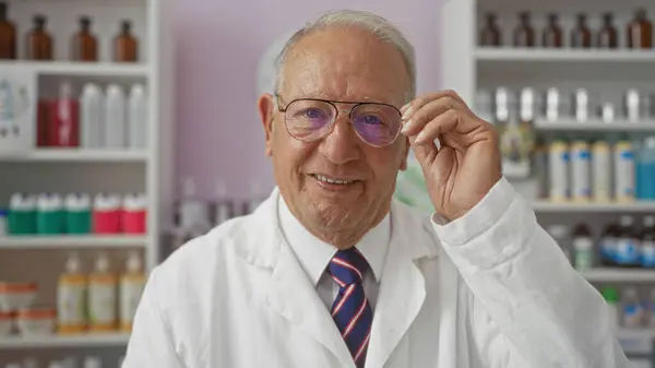 stock image Senior, grey-haired man in a white lab coat and glasses, standing in a pharmacy room interior with shelves of bottles and products in the background, smiling confidently.