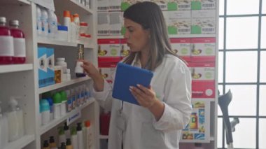 Eczanedeki genç bir İspanyol kadın, elinde ilaç tutarken, profesyonel ve modern bir çalışma ortamını işaret eden raflarla çevrili bir video görüşmesinde etkileşime geçiyor..