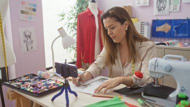 Odaklanmış bir kadın, bir terzi dükkanında renkli kumaş ve dikiş makinesiyle dikiş desenleri hazırlar..