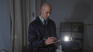 Kel dedektif, olay yerini el feneriyle inceliyor..