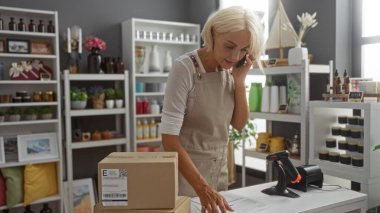 Ev dekorasyonu mağazasında çalışan, telefonla konuşan, paketleri yöneten, şık dekorasyon ve ürünlerle çevrili bir kadın..