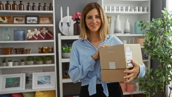 stock image Woman holding boxes in a well-decorated home decor store with framed pictures, plants, and jars on shelves in the background