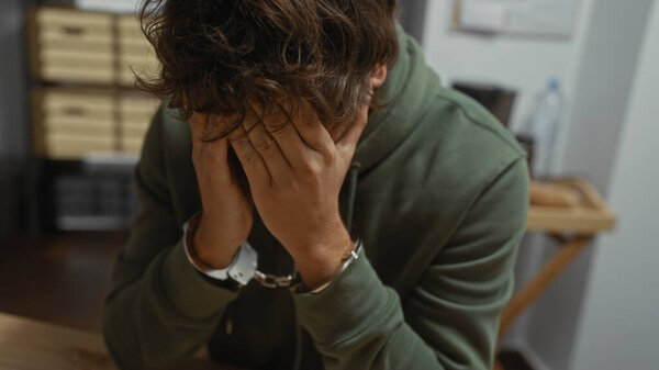 Стрессовый латиноамериканец, закованный в наручники в комнате для допросов, изображающий отчаяние и проблемы с законом.