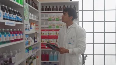 Laboratuvar önlüğü giyen genç İspanyol erkek eczacı modern bir eczane içinde ürünleri analiz ediyor..
