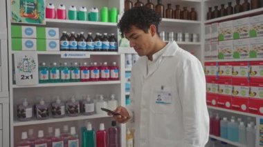 İspanyol erkek eczacı modern eczanede mesaj atıyor..