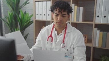 Odaklanmış bir İspanyol erkek doktor klinikteki bir muayenehanede tıbbi bir belgeyi inceliyor..