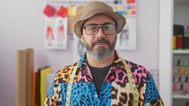 Dikiş desenleri ve renkli ipliklerle çevrili bir atölyede sakallı ve gözlüklü şık bir terzi..