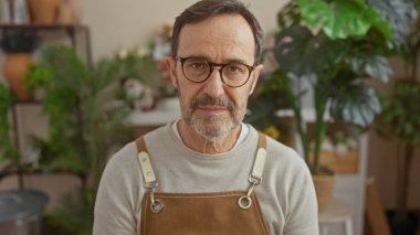 Gözlüklü ve sakallı olgun bir adam yeşil bitkilerle çevrili bir çiçekçide duruyor ve sakin bir atmosfer yaratıyor..