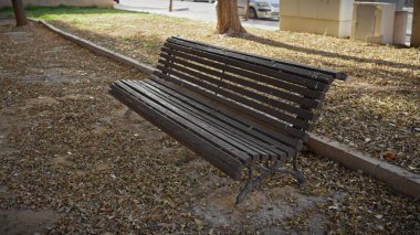 Yaprakla kaplı bir şehir parkında boş bir ahşap bank, sakin bir açık hava sahnesi oluşturur.