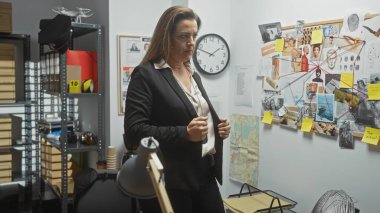 Odaklanmış bir kadın dedektif ofiste duruyor ve elinde bir haritayla mantar tahtaya tutturulmuş suç delillerini analiz ediyor..