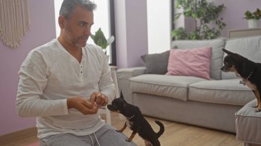 Orta yaşlı, İspanyol bir adam, sıcak bir oturma odasında, yumuşak mobilyaları ve ev bitkileriyle iki chihuahuayı eğitiyor..