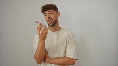 Akıllı telefondan mesaj atan genç adam beyaz arka planda ciddi bir ifadeyle izole edilmiş.