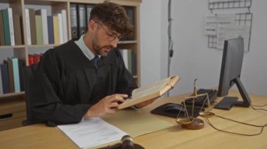 Siyah cüppeli genç yargıç masa başında oturmuş kitap okuyor ve ofiste kitaplık ve bilgisayarla belge imzalıyor.