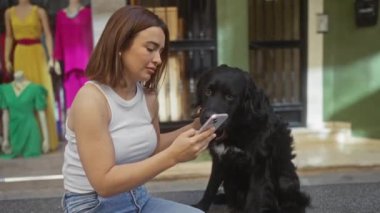 Latin kökenli genç bir kadın evcil labrador köpeğiyle sokakta oturuyor, elinde akıllı bir telefon, dışarıda gülümsüyor..