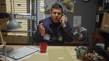 Donanma üniformalı genç bir İspanyol polis, dağınık bir dedektifin ofisinde, stresli bir şekilde telefonu kapatıyor..