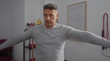 Spor salonunda egzersiz yapan orta yaşlı bir adam, arka planda kolları açık ve spor aletleriyle dengeye odaklanmış.