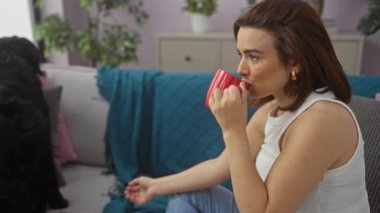 Kırmızı bardaktan içen genç bir kadın, kanepede büyük siyah köpeğiyle otururken doğal ışık ve çiçeklerle dolu rahat bir oturma odasında..