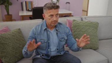 Kot ceket ve kot pantolon giyen yakışıklı orta yaşlı bir adam oturma odasında rahat bir kanepeden kalkmış pastel renkler ve yastıklarla çeşitli duygular gösteriyordu.