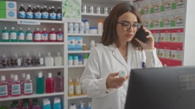 Bir eczanede elinde şişeyle konuşan, telefonla konuşan, eczane içinde çeşitli ilaçlar ve raflarda kişisel bakım ürünleriyle dolu genç İspanyol esmer kadın..