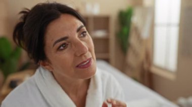 Orta yaşlı bir kadın spa odasında bornoz giyiyor, yüzüne hafifçe dokunuyor, rahatlatıcı bir sağlık merkezi atmosferinin ortasında sakin bir ifadeyle..