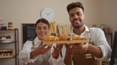 Mutlu erkek ve kadın fırıncılar raflarda çeşitli ekmek ve tatlılar sergilenen iyi düzenlenmiş bir pastanede taze hamur işleri sergiliyorlar.