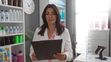 İspanyol kadın eczacı iyi stoklanmış bir eczanede dokümanları inceliyor, çeşitli şişeler ve bir barkod tarayıcı ile raflar, bir duvar saati altında dururken