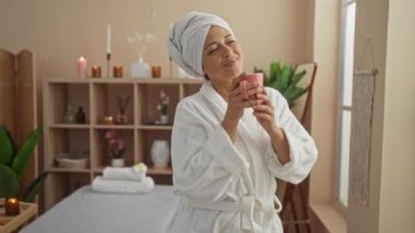 Sağlık odasında mumlar ve bitkilerle sıcak bir içecek içerken kaplıca merkezinde dinlenen kadın.