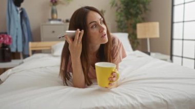 Sesli mesaj dinleyen ve sarı kupa tutan bir kadın şık bir iç mekan ve doğal ışık olan rahat bir yatak odasında uzanırken.