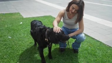 Genç bir kadın, şehir parkında siyah Labrador av köpeğiyle oynuyor. Sevgi gösteriyor ve açık havada güneşli bir günün tadını çıkarıyor..
