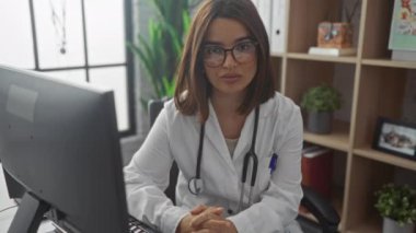 Beyaz önlüklü ve gözlüklü genç, çekici bir İspanyol kadın klinikte kollarını kavuşturarak oturuyor..