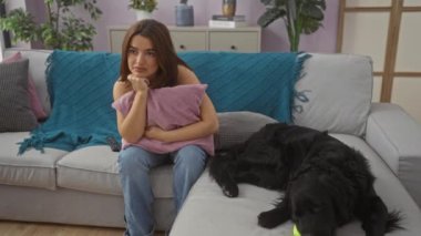 Genç bir kadın labrador köpeğiyle kanepede oturuyor, evdeki rahat bir oturma odasında dinleniyor..