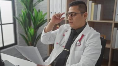Düşünceli bir İspanyol erkek doktor modern bir sağlık kliniğinde tıbbi raporu analiz ediyor..