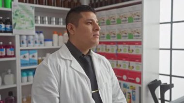 Ciddi bir İspanyol erkek eczacı modern bir eczanede raflarda ürünlerle duruyor.
