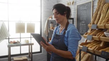 Fırındaki orta yaşlı kadın tablet kullanıyor. Etrafı ekmek raflarıyla çevrili.