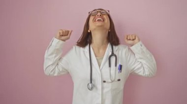 Genç İspanyol kadın doktor üniforması giyiyor gururla bağırıyor, zaferi kutluyor ve kollarını kaldırıp pembe arka plan üzerinde heyecanlanıyor.