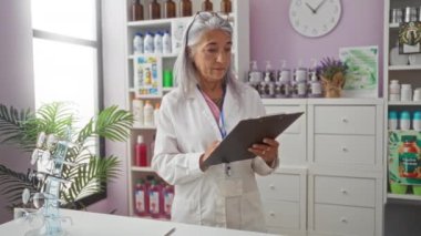 Eczanede çalışan bir kadın, evrakları inceliyor. Pano, yaşlı, gri saçlı, kapalı mekan dükkânı.