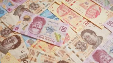 Meksika banknotları çeşitli banknotlar Banco de Mexico 'dan dağınık bir yığın halinde, Meksika' da çeşitli para birimleri sergileniyor finansal ve ekonomik temalar için.