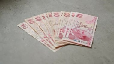 Türk 10 lira banknotları, on banknotluk banknotlar halinde Türkiye 'nin para birimini gözler önüne sererek beton bir yüzeye serdi..