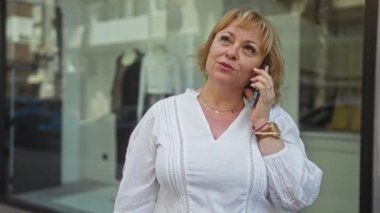 Güzel, beyaz, orta yaşlı bir kadın şehir caddesinde açık havada telefonla konuşuyor..