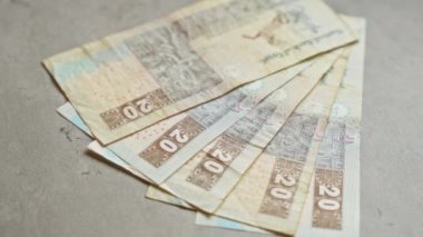 Beton bir yüzeyde 20 pound sergilenen Mısır banknotları, Mısır 'ın detaylı tasarım ve para birimini vurguluyor.
