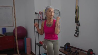 Spor salonunda egzersiz yapan pembe bluzlu ve gri pantolonlu bir kadın. Spor salonundaki spor aletlerine odaklanmıştı. İp ve dambıl gibi.