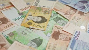 Güney Kore banknotları dağınık, 5000, 10000 ve 50000 won dahil olmak üzere çeşitli mezhepler, ikonik tarihsel figürler ve geleneksel unsurlar sergilenmektedir.