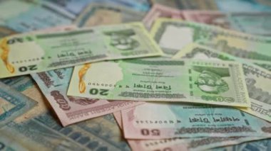 Bangladeş banknotları yakın çekime dağılmış canlı renkler ve karmaşık tasarımlar sergiliyor, 20 ve 50 taka da dahil olmak üzere çeşitli mezhepler sergiliyor.