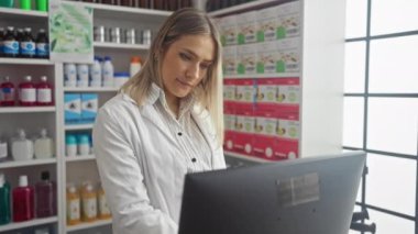Güzel, sarışın, yetişkin bir kadın, iyi organize edilmiş bir eczanede ya da mağazanın içinde çalışan, raflarda çeşitli renkli ürünlerle çevrili ve camdan içeri giren ışıkla çevrili bir bilgisayarda çalışıyor..