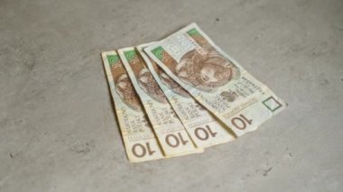 Polonya 'nın zloti paraları, yakın çekim manzaralı, somut bir yüzey gösterim parasına saçılmış durumda..
